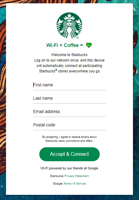 Starbucks WiFi Login Page